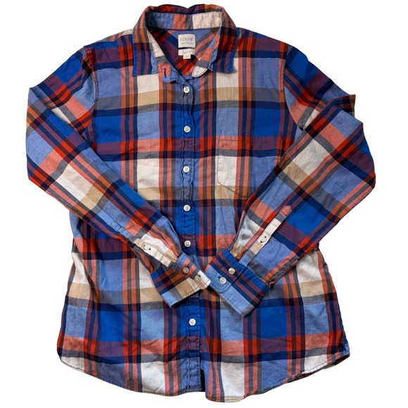 J. Crew Factory Tops - J.Crew Perfect Fit Plaid Button Down Shirt Womens Medium Blue Orange 30519 FA16